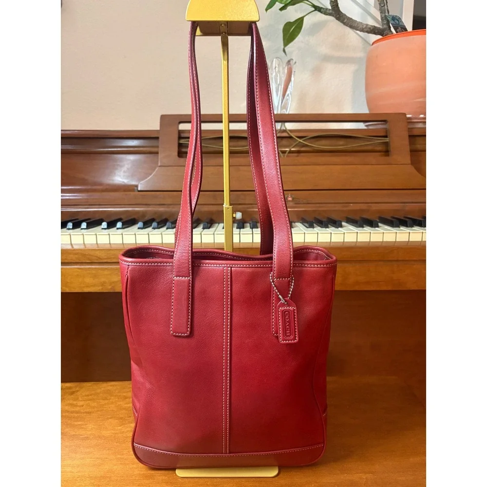 Coach Red Leather Tote‎ Bag Vintage B3S-7776 Shoulder Bag Contrast Stitching